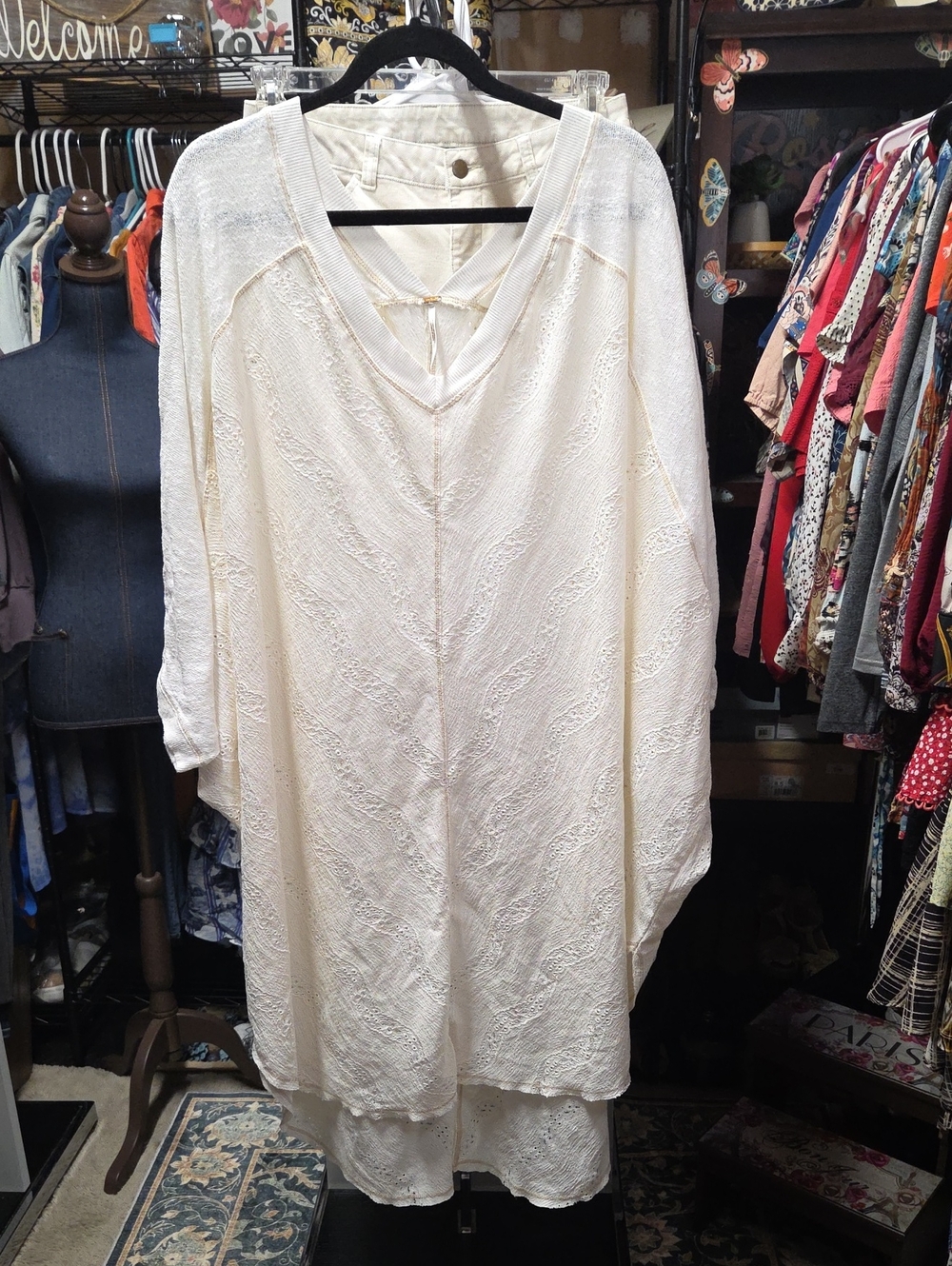 Free People Cream Textured V-Neck Tunic